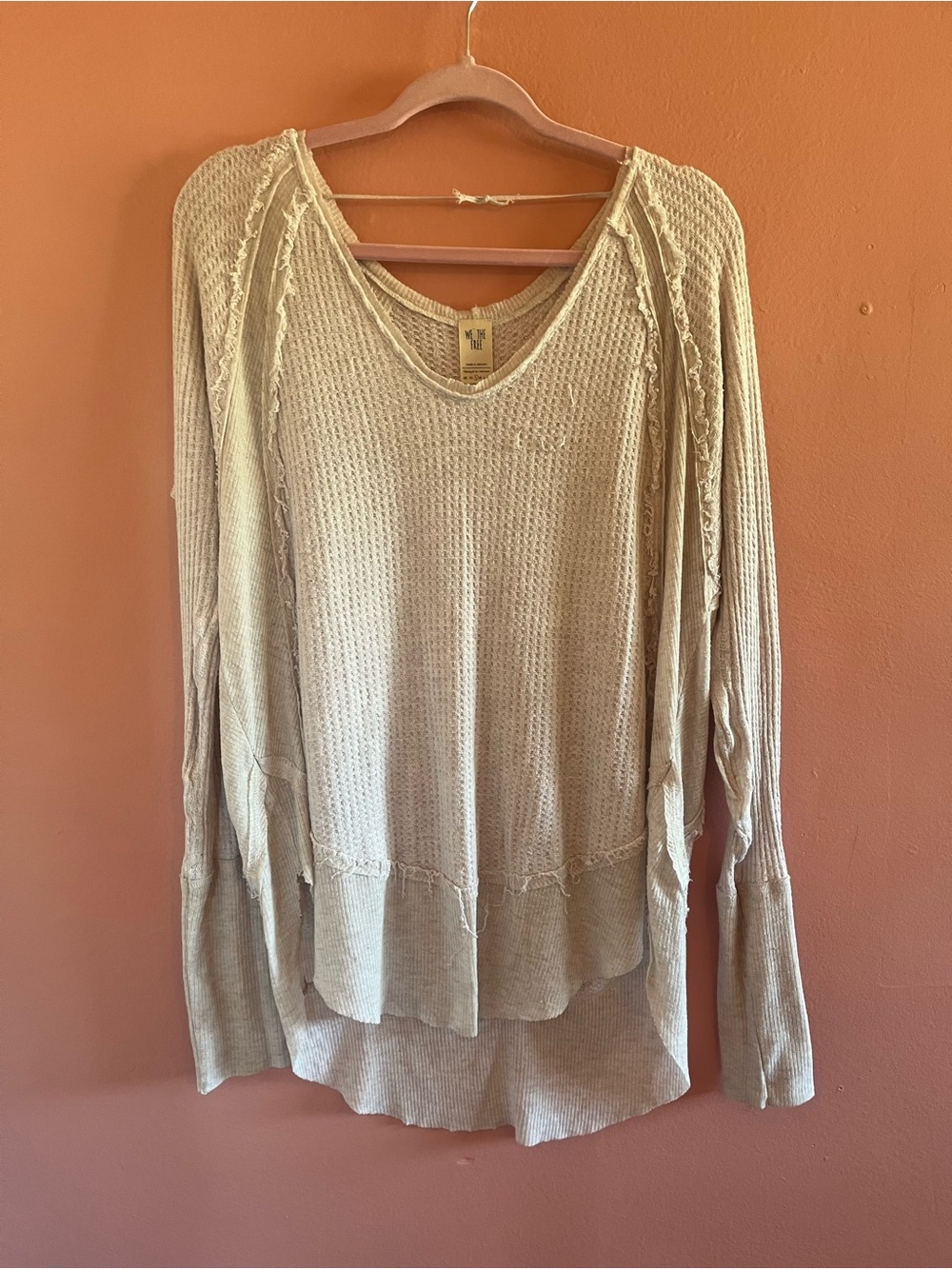 We The Free Light Gray Waffle-Knit Raw-Edge Long Sleeve Top